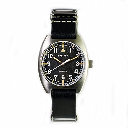 NC BALTANY W10 Tonneau Watch Homage RAF British Army Watch Edelstahl NH38 Automatik Vintage Armbanduhr für Herren (Black NA Strap) von NC