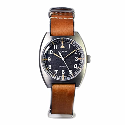 NC BALTANY W10 Tonneau Watch Homage RAF British Army Watch Edelstahl NH38 Automatik Vintage Armbanduhr für Herren (Brown NA Strap) von NC