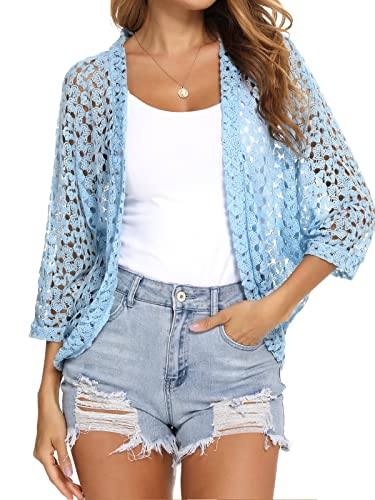 Gyabnw Damen Strickacke Elegante Bolero Spitzenjacke Festlich Cardigan Kurzer Blazer Festlich Bolero mit 3/4 Arm für Abendkleider Cocktailkleid, Hellblau, S von Gyabnw