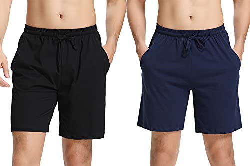 Irdcomps Schlafanzughosen Herren Kurz Pyjamahosen 100% Baumwolle Schlafhosen Schlafshorts Männer Bermudahosen Freizeithosen Shorty Sommer Shorts 2er Pack Nachtwäsche mit Taschen Schwarz Blau M von Irdcomps