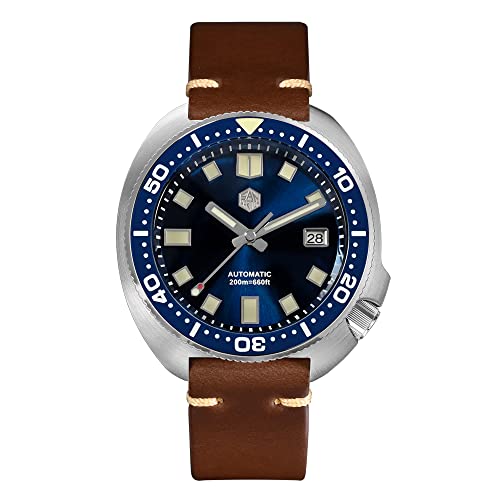 San Martin Upgraded SN047G Thunfisch Taucheruhr 20 Bar Edelstahl Herren Automatik Mechanisch Saphir Horween Leder Leuchtend (Blue) von NC