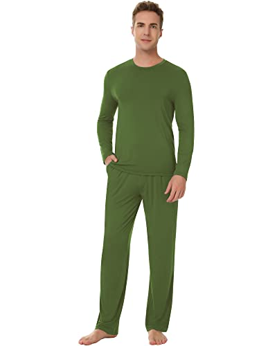 NACHILA Herren Bambus Pyjama Set Weiche Rundhals Nachtwäsche Langarm Pjs Lange Schlafhose mit Taschen S-XL, Grün (Army Green), X-Large von NACHILA