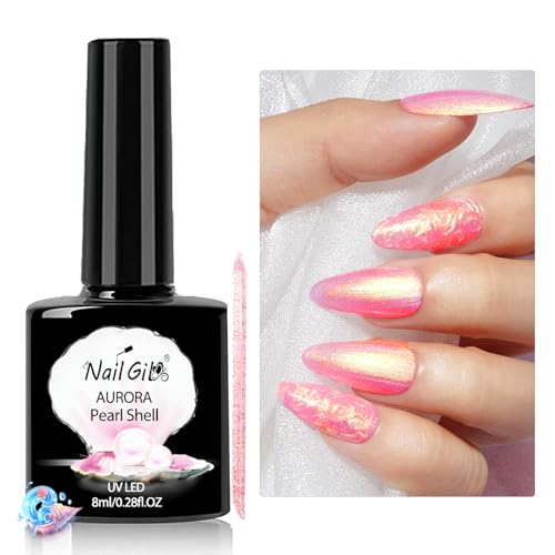 Perlmutt nagellack,UV Gel Nagellack Pearl Effekt, Aurora Schimmer Rosa Nagellack Gel, Pearl Gel Nail Polish, Glitzer Gellack UV Lampe Nagellack Swirl Shell Thread Perlmutt schillernder Effekt von NAIL GIL