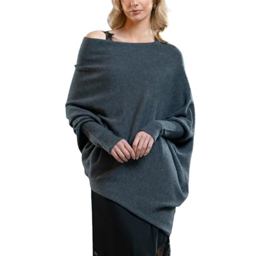 NAKEAH Asymmetrisch drapierter Pullover, Schulterfreier Pullover mit Langen Fledermausärmeln, Schulterfreier Damenpullover (One Size,Dark Gray) von NAKEAH