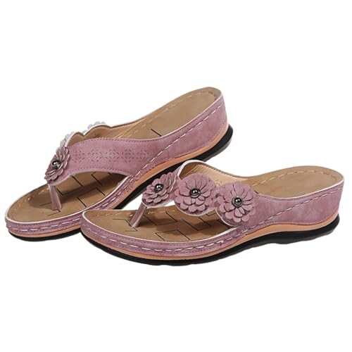 NAKEAH Damen-Sandalen mit orthopädischer Fußgewölbeunterstützung, Blumen und Clip-Zehen-Sandalen, Strand-Flip-Flops mit Fischgräten-Keilabsatz und Blumenmuster (10,Pink) von NAKEAH