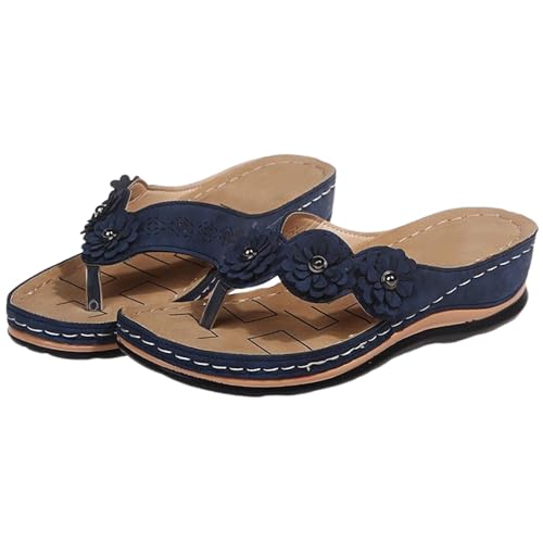 NAKEAH Damen-Sandalen mit orthopädischer Fußgewölbeunterstützung, Blumen und Clip-Zehen-Sandalen, Strand-Flip-Flops mit Fischgräten-Keilabsatz und Blumenmuster (11,Blue) von NAKEAH