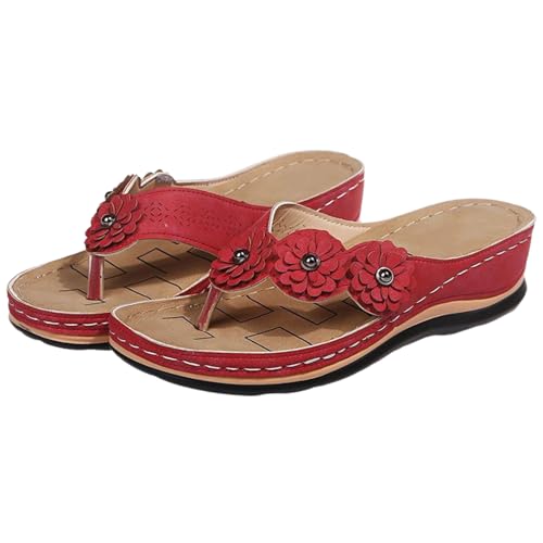 NAKEAH Damen-Sandalen mit orthopädischer Fußgewölbeunterstützung, Blumen und Clip-Zehen-Sandalen, Strand-Flip-Flops mit Fischgräten-Keilabsatz und Blumenmuster (11,Red) von NAKEAH