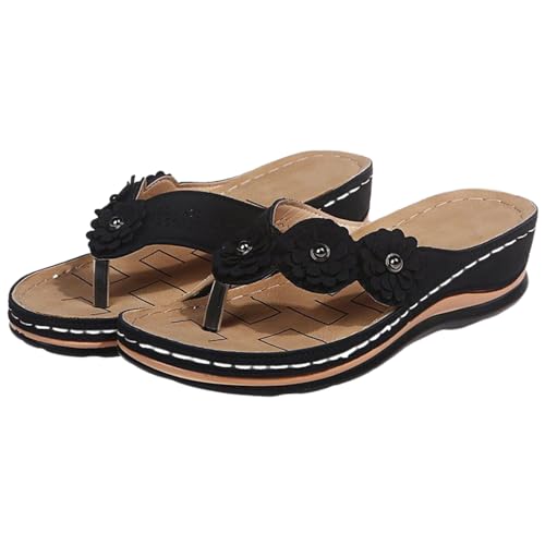 NAKEAH Damen-Sandalen mit orthopädischer Fußgewölbeunterstützung, Blumen und Clip-Zehen-Sandalen, Strand-Flip-Flops mit Fischgräten-Keilabsatz und Blumenmuster (12,Black) von NAKEAH