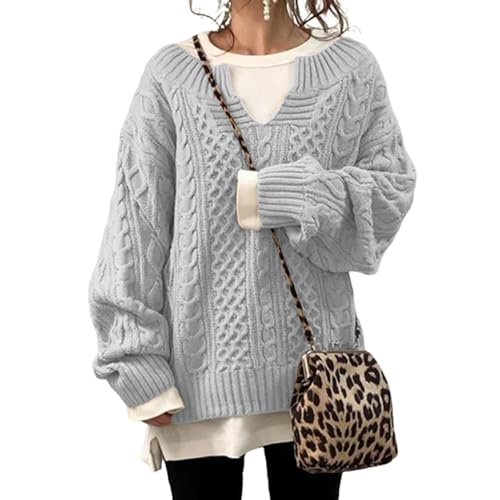 NAKEAH Damen-Strickpullover aus Leinen mit V-Ausschnitt, Fischerpullover mit Zopfmuster und V-Ausschnitt, lockerer Zopfmusterpullover mit V-Ausschnitt (X-Large,Light Gray) von NAKEAH