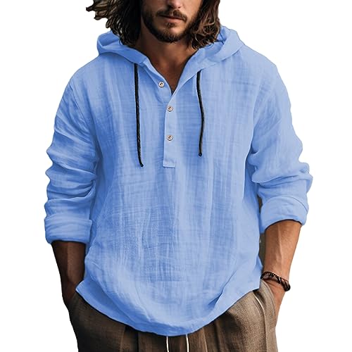 NAKEAH Herren Casual Loose Baumwolle Leinen Hoodie Frühling Herbst Einfarbig Langarm Pullover Kapuzenshirts hellblau 3XL von NAKEAH