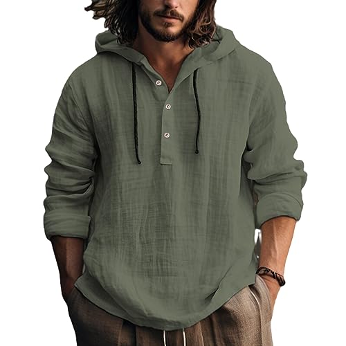 NAKEAH Herren Casual Loose Baumwolle Leinen Hoodie Frühling Herbst Einfarbig Langarm Pullover Kapuzenshirts militärgrün L von NAKEAH