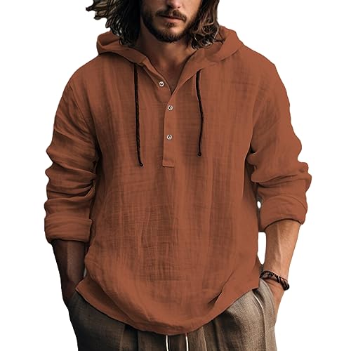 NAKEAH Herren Casual Loose Baumwolle Leinen Hoodie Frühling Herbst Einfarbig Langarm Pullover Kapuzenshirts orange-rot 3XL von NAKEAH