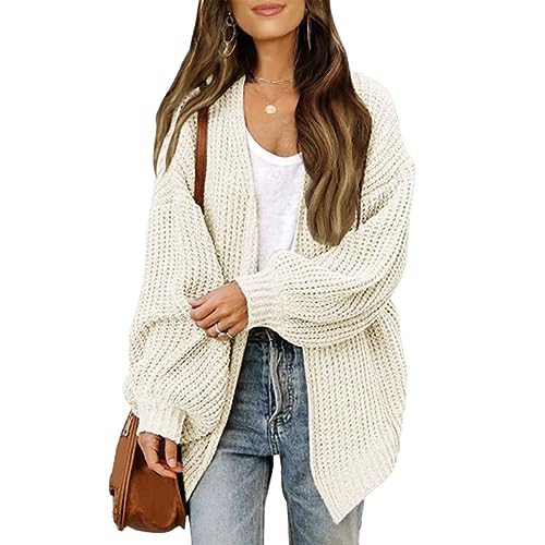 NAKEAH Kaschmir-Cocoon-Cardigan, Damen-Pullover mit V-Ausschnitt, vorne offen, Lange Ballonärmel, Damen-Pullover mit Ballonärmeln (X-Large,White) von NAKEAH