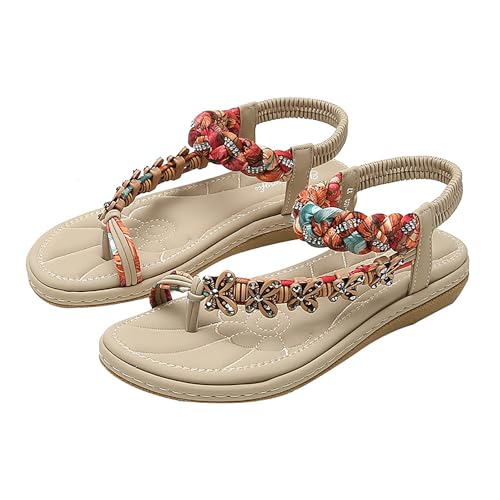 NAKEAH Strandsandalen im Bohemian-Stil mit elastischem Knöchelriemen, flache Sandalen mit Strasssteinen und Pailletten (10,Apricot) von NAKEAH