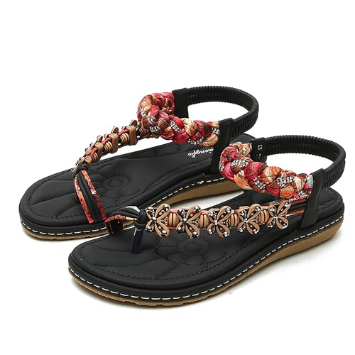 NAKEAH Strandsandalen im Bohemian-Stil mit elastischem Knöchelriemen, flache Sandalen mit Strasssteinen und Pailletten (10,Black) von NAKEAH