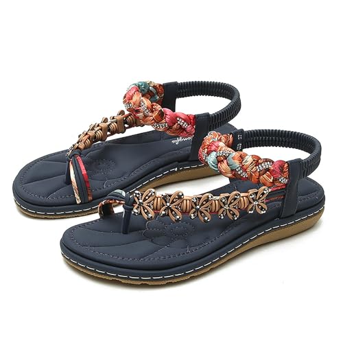 NAKEAH Strandsandalen im Bohemian-Stil mit elastischem Knöchelriemen, flache Sandalen mit Strasssteinen und Pailletten (10,Blue) von NAKEAH