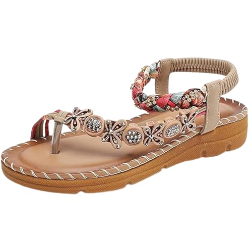 NAKEAH Strandsandalen im Bohemian-Stil mit elastischem Knöchelriemen, flache Sandalen mit Strasssteinen und Pailletten (10,Brown) von NAKEAH