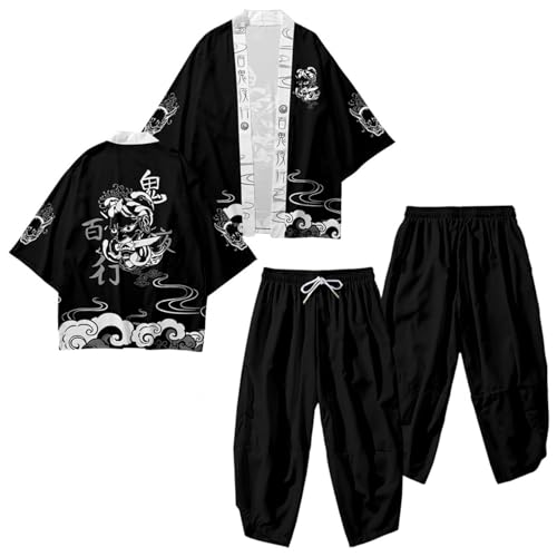 NALSA Anime Haori Kimono für Männer, Japanisches Traditionelles Teufel Druck Cardigan Hosen Set, übergroße Lässige Dünne Jacke,B009-6XL von NALSA