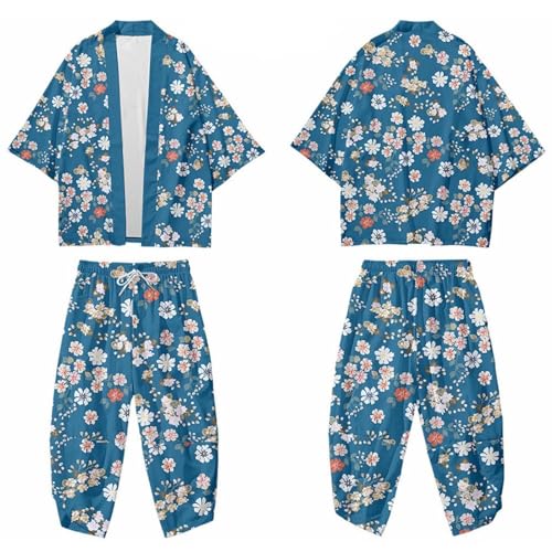 NALSA Japanisches Kimono T-shirt für Herren, Kreatives Floral Bedrucktes Cardigan Haremshosen Set, Unisex Lässige Dünne Jacke,H047-6XL von NALSA