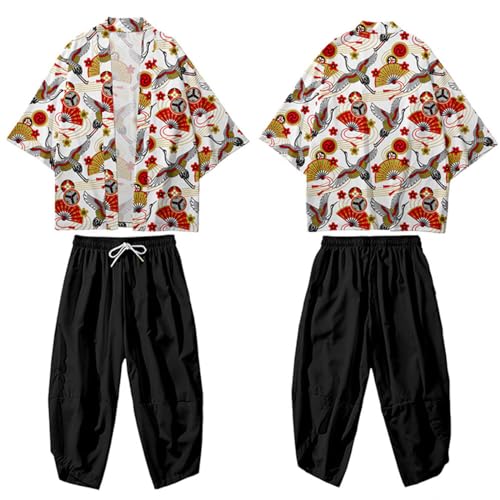 NALSA Traditioneller Japanischer Kimono für Herren, Haori Cardigan Hosenanzug mit Kranich Aufdruck, Lässige Unisex Dünne Jacke für Vier Jahreszeiten,JS05-6XL von NALSA