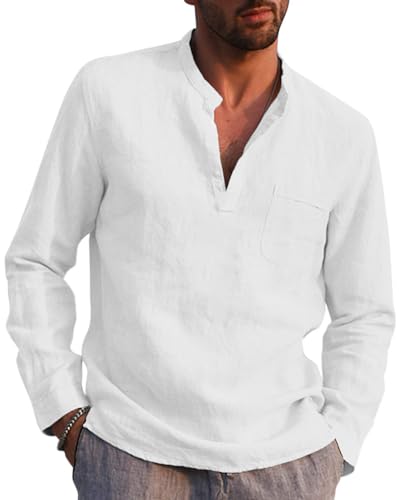 NANAMEEI Herren-Freizeithemd leinenhemd Sommer mit Taschen Freizeithemd Weiß 3XL von NANAMEEI
