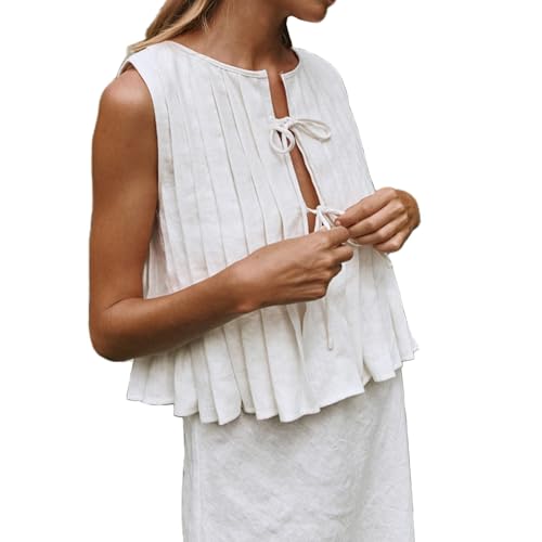 NARUPE Leinen-Tanktops für Damen, plissiert, vorne zum Binden, ärmellos, Tunika, Schößchen, Babydoll, Rüschen, Kokette, Sommer, weiß, L NARUPE Leinen-Tanktops für Damen, plissiert, vorne zum Binden, ärmellos, Tunika, Schößchen, Babydoll, Rüschen, Kokette, Sommer, weiß, L von NARUPE