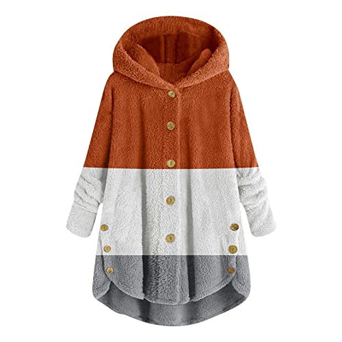 Langer Mantel Damen Übergröße Knopf Plüsch Tops Kapuze Patchwork Lose Cardigan Wollmantel Winterjacke, Orange, 50 von NASC