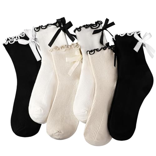 NATOSU 4 Paar Damensocken mit Schleife und Rüschen, Crew/Mittelhoch, Premium-Baumwolle, gestrickt, weich, atmungsaktiv, Rüschen socken, Weiße socken damen Geschenk NATOSU 4 Paar Damensocken mit Schleife und Rüschen, Crew/Mittelhoch, Premium-Baumwolle, gestrickt, weich, atmungsaktiv, Rüschen socken, Weiße socken damen Geschenk von NATOSU
