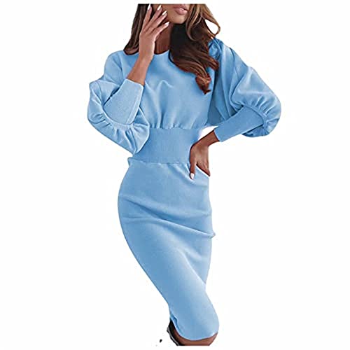 NAY Nalakey Damen Langarm Strickkleid Elegantes Enges Kleid Strickkleid Rundhals Langarm Minikleid Damenmode Einfarbiges Pulloverkleider Etuikleid Cocktailkleid Abend Party Hellblau M von NAY