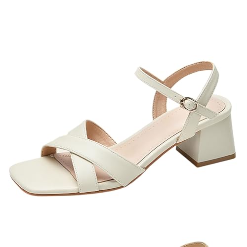 NBTOICDAS Damen-Sandalen mit Blockabsatz, Riemchen, offener Zehenbereich, Kleid, Hochzeit, Abendschuhe (Color : White, Size : 36 EU) von NBTOICDAS