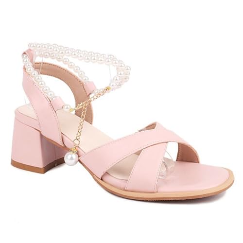 NBTOICDAS Damen-Sandalen mit Perlen-Riemchen, klobiger Blockabsatz, offener Zehenbereich, Partykleid, Sandalen, Schuhe (Color : Pink, Size : 38 EU) von NBTOICDAS