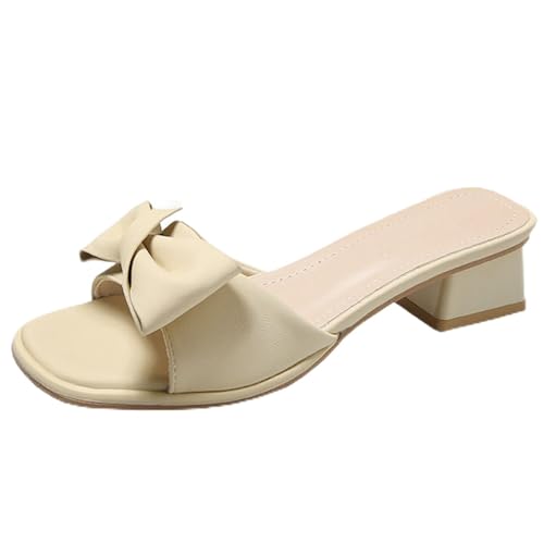 NBTOICDAS Damen-Sandalen mit niedrigem, klobigem Blockabsatz, quadratischer offener Zehenpartie, Schleifenriemen, Absatzsandalen, Slip-on-Party-Hochzeitskleid-Schuhe (Color : Beige, Size : 35 EU) von NBTOICDAS