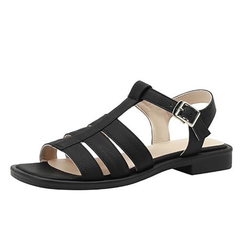 NBTOICDAS Damen-Sandalen mit quadratischem, offenem Zehenbereich und Knöchelriemen, flache Sommersandalen, elegante Schuhe (Color : Black, Size : 43 EU) von NBTOICDAS