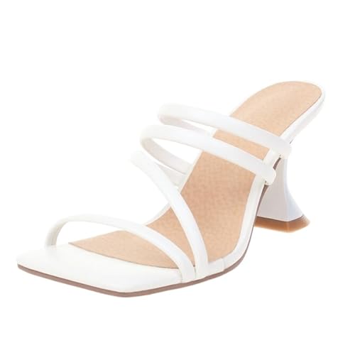 NBTOICDAS Damen-Sandalen mit quadratischem Zehenbereich, Slip-on-Heels, Riemchen-Kitten-Heels, Hochzeits-Party-Kleiderschuhe(Color:White,Size:37 EU) von NBTOICDAS