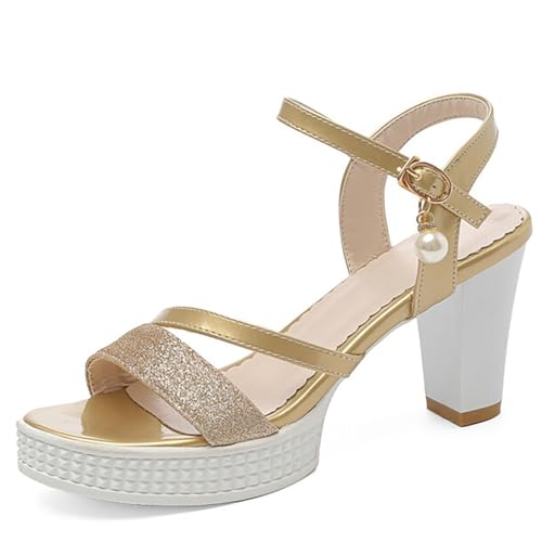 NBTOICDAS Plateau-Absätze für Damen, Riemchen-Block, klobige High-Heels, offene Zehen, Party, Abschlussball, Hochzeit, Pump-Sandalen(Color:Gold,Size:39 EU) von NBTOICDAS