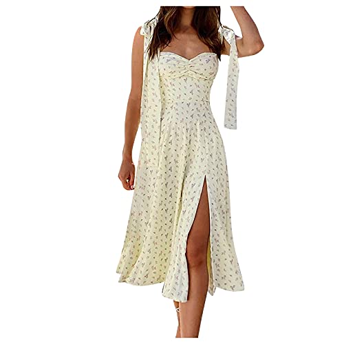 Damen Kleider Sexy Schulterfrei Blumen Sommerkleid Hohe Taille Lange Strandkleid Puffärmel Lässiges Kleider Elegant Boho Frauen Sommer Blumendruck Kleid Kordelzug Maxikleid mit Schlitz (03-Yellow, S) von NCQiFei