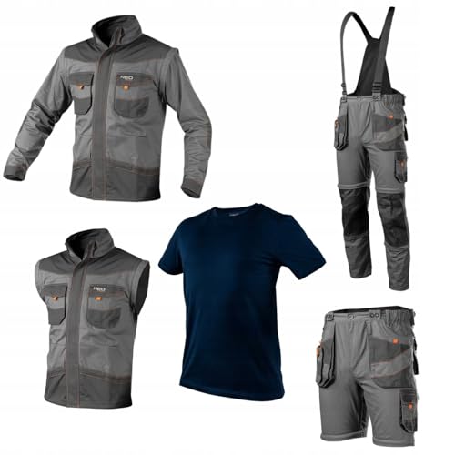 NEO TOOLS Arbeitskleidungssatz | Arbeitshose 6 in 1 (Kurze Hose, Hose, 3/4 Hose, mit oder ohne Hosenträger) + Arbeitsjacke 2 in 1 (Weste, Arbeitsjacke) + T-Shirt (as3, Alpha, m, Regular, Regular) von NEO TOOLS