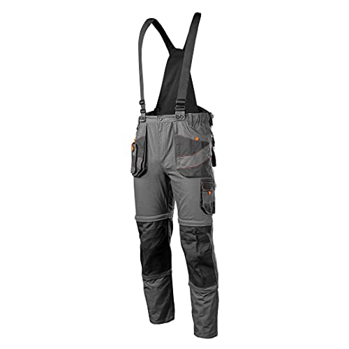 NEO TOOLS Herren Arbeitshose 6-in-1 – kurze Hose, Herrenhose, Latzhose, 100% Baumwolle 260 g/m², abknöpfbarer Hosenträger, Multifunktionstaschen, elastischer Gummibund, Größe:XL, grau von NEO TOOLS