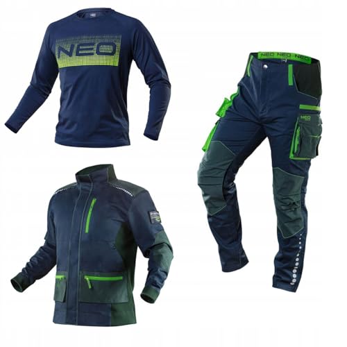 NEO TOOLS Herren Arbeitshose + Arbeitsjacke und Langarmshirt (Set) Gr. S(48) - 3XL(58) / modisches Design, Hose mit Knieschutztaschen, mit Cordura verstärkt, Ärmellose, Reflektierende Elemente von NEO TOOLS