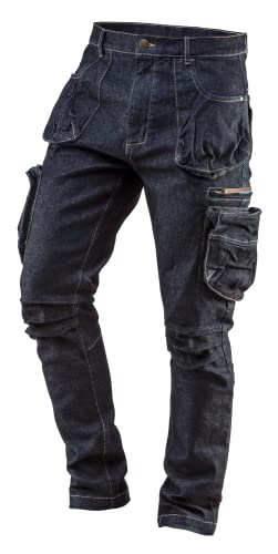 NEO TOOLS Herren Arbeitshose Denim, lang, 8 Pockets, Gr. XS-3XL, verstärkte Nähte, ausprofilierter Kniebereich, Mischgewebe 98% Baumwolle, 2% Elasthan 410 g/m2, Multifunktionstaschen, Cargo-Optik von NEO TOOLS