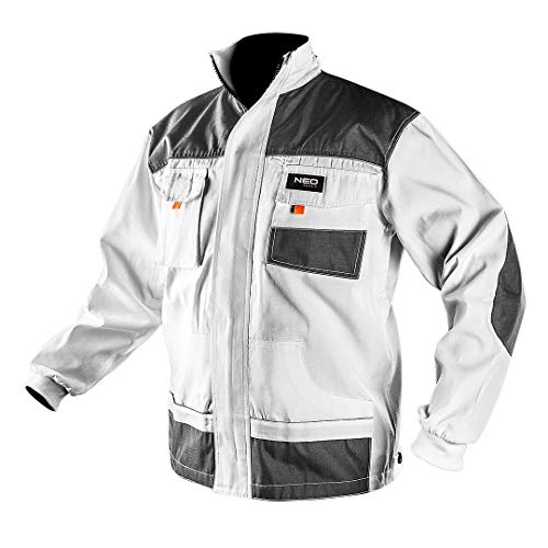 NEO TOOLS Herren-Arbeitsjacke, langarm, Malerjacke weiße, Größe L/52 reflektierende Elemente, 65% Polyester/35% Baumwolle, verstärkt mit Oxford-Gewebe an Ellbogen, entspricht EN ISO 13688:2013 von NEO TOOLS