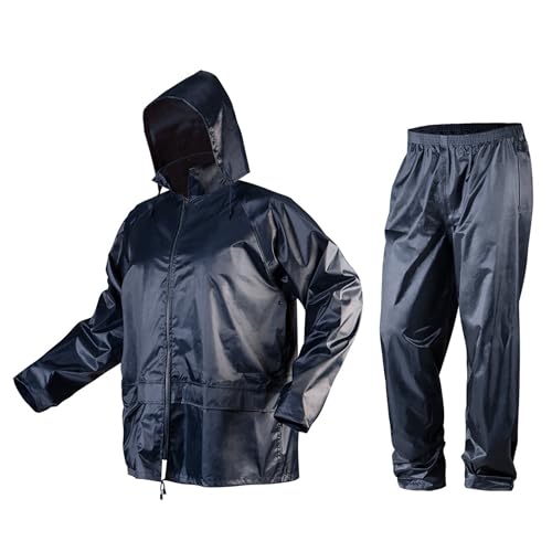 NEO TOOLS Herren Regenset, Regenmantel mit Kapuze und Regenhose Gr. M-XXXL verklebte Nähte, Reißverschlüsse und Taschen vor Wasser geschützt, Ventilationsöffnungen, 170g/m2 Blau oder 310g/m2 Grün von NEO TOOLS