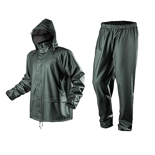 NEO TOOLS Herren Warme Regenset PU-PVC, Regenmantel mit Kapuze und Regenhose, Gr. M-3XL, verklebte Nähte, Reißverschlüsse und Taschen vor Wasser geschützt, Ventilationsöffnungen, Polyester 310 g/m2 von NEO TOOLS