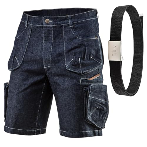 NEO TOOLS Kurze Arbeitshose Herren - Denim Arbeitsshort mit Arbeitsgürtel - Jeans-Optik Arbeitshosen für Männer Kurz - Multifunktionale und Geräumige Taschen - Arbeitshose Sommer von NEO TOOLS