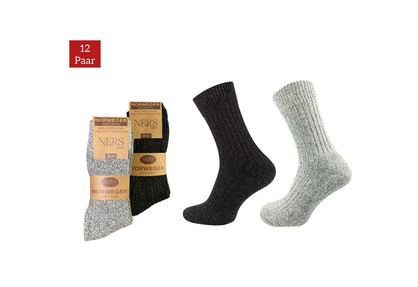 NERS Norwegersocken für Damen und Herren aus Wolle (12-Paar) Wintersocken mit weicher Frotteesohle von NERS