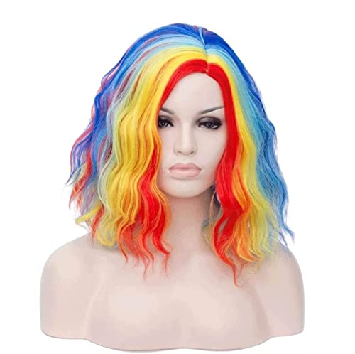 Perücken Frauen Perücken Gewellte Lockige Perücken Bob Synthetische Perücke Party Rainbow Color Mixing Perücken Cosplay Perücken Damen (Color : A, Size : 15in) von NESPIQ