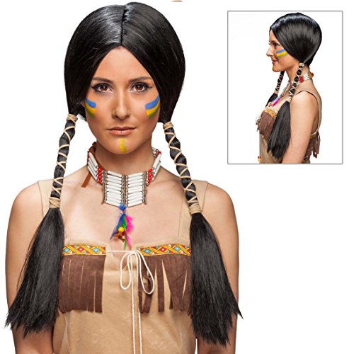 NET TOYS Indianerin Perücke Faschingsperücke Squaw schwarz Karnevalsperücke Pocahontas Langhaarperücke Indianerfrau Frauenperücke mit Zöpfen Kostümzubehör Karneval von NET TOYS