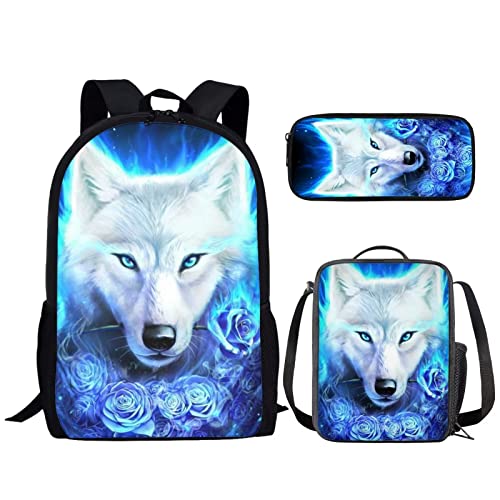 NETILGEN Animal 3-in-1 Kinder-Schultaschen-Set für Jungen und Jugendliche + isolierte Lunchtasche Federmäppchen Reisen, Radfahren, Outdoor-Sport, Blau Rose Wolf, One size, NET-CGK0706-0425-2 von NETILGEN