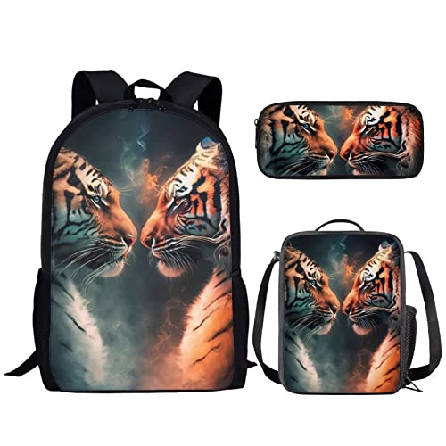 NETILGEN Animal 3-in-1 Schulranzen-Set für Jungen, Teenager, isolierte Lunchtasche + Federmäppchen für Reisen, Camping, Wandern, Radfahren, Outdoor-Sport, Kampf Tiger, One size von NETILGEN