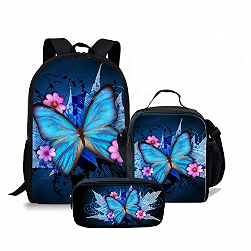 NETILGEN Blue Butterfly 17 Zoll Rucksack für Jugendliche Jungen Cool Pop Bunte Kinder Schule Umhängetaschen Thermische Brotdose und Federmäppchen 3 Stück von NETILGEN